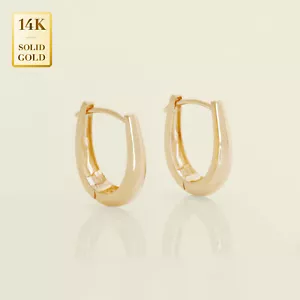 14K REAL Solid Gold Oval Chunky Hoop Earrings, Huggie Hinge Hoop Jewelry Minimal - Picture 1 of 6