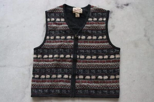 Gilet vintage Woolrich lana di agnello donna L antracite pecora grafica full zip scollo a V - Foto 1 di 2