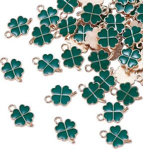 100x Enamel Green Leaf Clover Charms Dangle Pendants for DIY Jewelry Making
