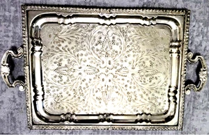 VINTAGE LARGE SILVER PLATED SERVING TRAY PLATE MOROCCAN WITH HANDLES - Picture 1 of 6