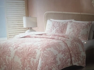 Tommy Bahama King Quilt + 2 Накидки Коралловый Сад Белый Коралловый Новый Двусторонний - Изображение 1 из 4