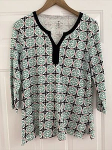 TALBOTS 3/4 Sleeve Green & Navy Blue Geometric Design Top - Size M Petite - Picture 1 of 3