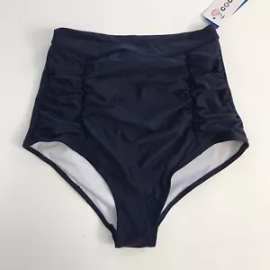 COCOPEAR Women High Waisted Full Coverage Bikini Bottom Ruched Swim Navy Blue M - Picture 1 of 4