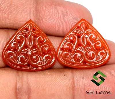 Natural Orange Colour Onyx Hand Made Carving Pair 22x23.50 mm 23.53 CTS Gems - Image 1 of 4