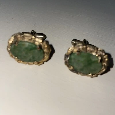 Gemelos Francés Piedra Verde Jade y Tono Dorado Calidad OVALADO ÚNICO De Colección Foto 1 de 4