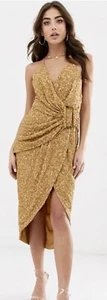 NEW ASOS GOLD SEQUIN DRAPED MIDI DRESS WITH HORN BUCKLE SIZE 10 LOW BACK BNWT - Picture 1 of 8