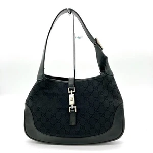 GUCCI Jackie Shoulder Bag Black Leather Canvas GG Monogram Pattern From Japan - Picture 1 of 14