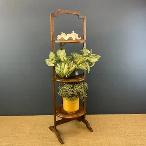 ANTIQUE EDWARDIAN OAK 3-TIER FOLDING CAKE PLATE PLANT DISPLAY STAND - Picture 1 of 12