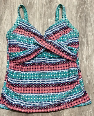 Lands' End 16 DDD Traje de baño Tankini Top VERDE ROSA con aros Sujetador acolchado Espalda alta Foto 1 de 4