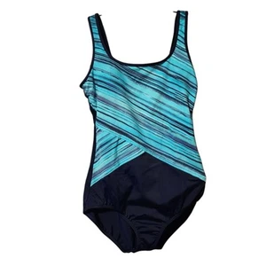 Lands’ End Women’s Size 10L Navy Blue Teal Print One Piece Swimsuit Padded Bra - Picture 1 of 6