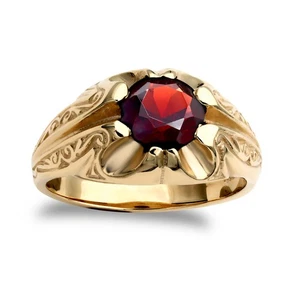 Mens 9ct Gold Jewelco London Garnet Solitaire Carved Gypsy Ring - Picture 1 of 3