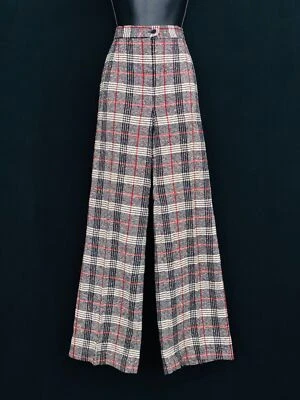 Vintage 1970s black white plaid pants, white red wool blend high waist slacks - Imagem 1 de 4