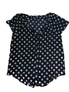 Old Navy Womens Medium Rayon Top Navy Floral Short Sleeve Split Neck Button Up - Picture 1 of 10