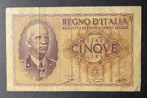 Italy 5 Lire Regno D' Italia Banknote Foreign Currency - Picture 1 of 2