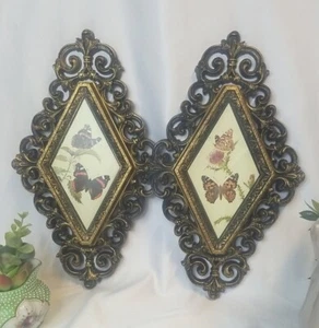 2 1976 Burwood Homco Mariposa Oro Diamante Marco Colgante de Pared Hollywood Regencia - Imagen 1 de 8