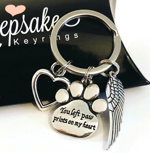 In Memory Of Pet Dog Cat Bereavement Keyring Memorial Angel Paw Print Heart - Picture 1 of 1