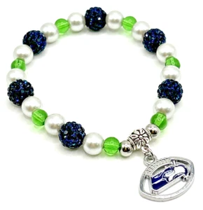 8" Seattle Seahawks Football Lime/Navy Gray Glass Beads Stretch Charm Bracelet - Picture 1 of 4
