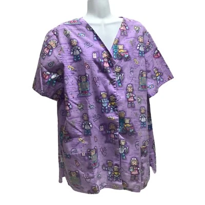 Womans SIMPLY BASIC Scrub ROBOTS Short Sleeve Snap Buttons Purple Pink - Image 1 of 3