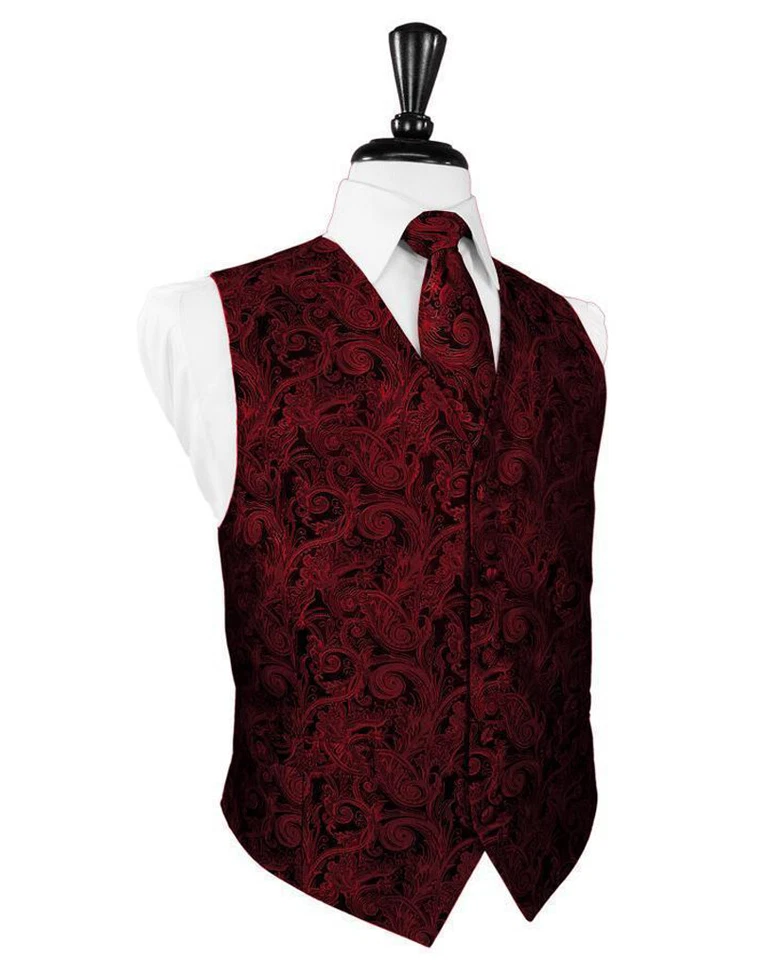 Luxury Satin Paisley Tuxedo Vest and Neck Tie in Shades of Red  - Image 1 of 1