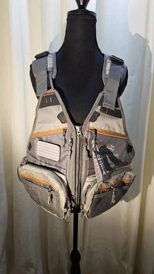 NWT Bassdash Fishing Vest OSFA Gray With Orange Multiple Pockets And Drink Spot - Image 1 of 4