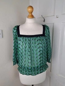 TED BAKER Green Black Square Neck 100% Silk Beaded Blouse Size 2 UK 10 - Picture 1 of 7