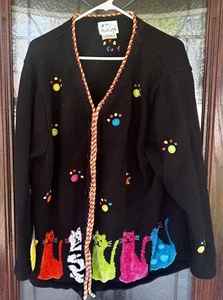 Women's Vintage The Quaker Factory Cat Sweater paw prints colorful sz 2XL - Picture 1 of 16