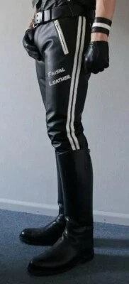 Мужские из натуральной коровы черной кожи мотоциклиста джинсы с белыми полосками сексуальный гей блеф - Изображение 1 из 4