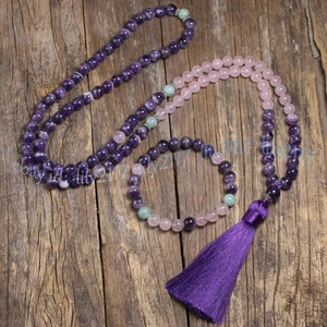 Tibet Buddhism 8mm Amethyst Rose Quartz 108 Prayer Beads Necklace Bracelet Set - Picture 1 of 6