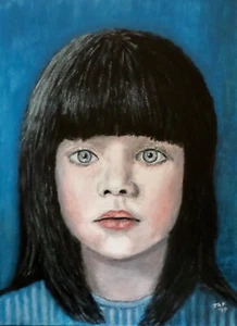 Orig Acryl Portrait Gemälde "Junges Mädchen mit Rabenhaar" Leinwand 9"x12" signiert - Bild 1 von 2