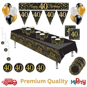 40th Birthday Black & Gold Sparkling Fizz Party Tableware Partyware Decorations - Picture 1 of 25