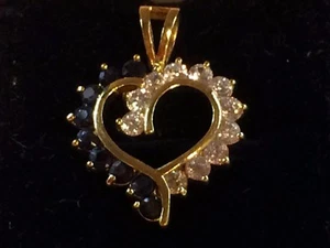 925 Gold plated Sterling Black & Clear Crystal Stones Heart Pendant - Picture 1 of 11
