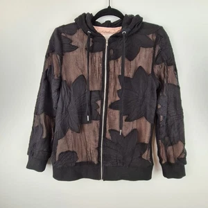 Anthropologie AVEC LES FILLES Floral Mesh Hoodie XS Black Blush Embroidered Top - Picture 1 of 10