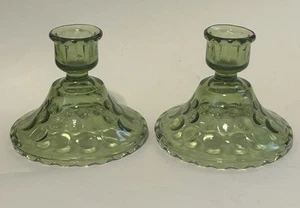 Vintage Hazel Atlas Green Thumbprint Candle Holders  Set Of Two - Picture 1 of 8