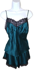 Vtg Victorias Secret Pajama Lounge Set Womens M Green 100% Silk Tank Shorts - Picture 1 of 16