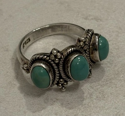 Conjunto de bisel de cabuján turquesa estampado occidental anillo de cuentas talla 7 Foto 1 de 4