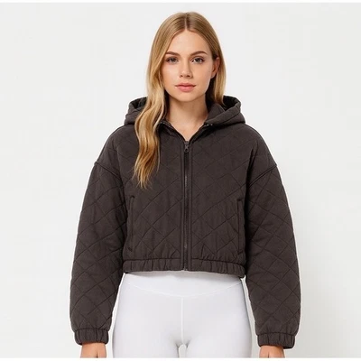 Abrigo Chaqueta Stoosh Acolchado Recortado con Capucha Talla Lg Algodón Cremallera Completa Gris Diamante Foto 1 de 4