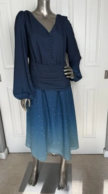 Wayward Fancies eShakti Ombre Star Print Crepe Pleated Empire Dress Sz 14 - Image 1 of 4