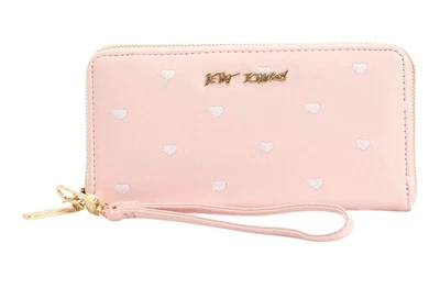 Cartera/muñequera Betsey Johnson rubor cremallera alrededor con corazones cosidos blancos, nueva con etiquetas  Foto 1 de 4
