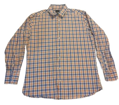 Camisa grande con botones Saks Fifth Avenue para hombre naranja azul blanco a cuadros manga larga  Foto 1 de 4