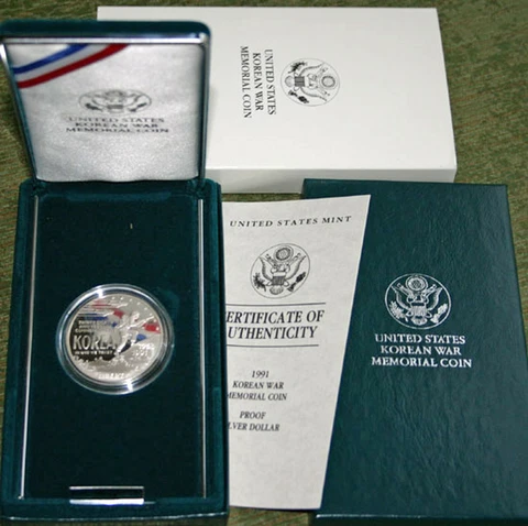 1991 P US Mint Proof Korean War Commemorative Korea Silver Dollar Coin Box + COA Cover