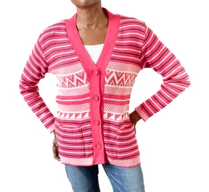 Vintage 70er Jahre Strickjacke - Acryl - rosa gestreift / Fair Isle - M - UK 12 / 14 - Bild 1 von 9