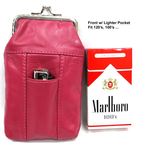 Soft Leather Cigarette Case Pouch Lighter Pocket Snap Top Closure fit 120s 100s 