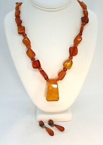 Amber Pendant Necklace and Earrings 51.1 grams