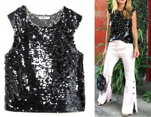 SALE £16 ~ BNWT BLOGGERS FAVOURITE~ZARA BLACK SEQUIN CAP SLEEVE TOP -MED UK10 - Picture 1 of 9