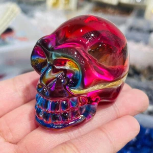 2" Rainbow Titanium Melting Quartz Hand Carved Skull Crystal Reiki Healing Gifts - Picture 1 of 6