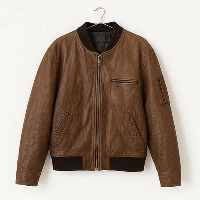 Chevignon Brown Leather Bomber Jacket XL Cowhide Patina Distressed Zip Pockets - Image 1 of 4
