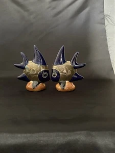 Set Of 2 Blue Ceramic Fish with Brass Scales Mexican Folk Art Busamante Style 6” - Picture 1 of 7