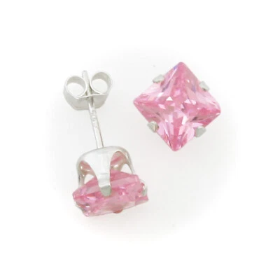6mm Quadrato Rosa Cz Post Bottone Orecchini IN Argento Sterling - Nuovo - Immagine 1 di 4