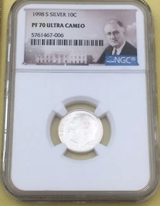 NGC PF70 Ultra Cameo 1998 S 10C Silver Roosevelt Dime, Low Pop, Rare Collectible - Picture 1 of 4