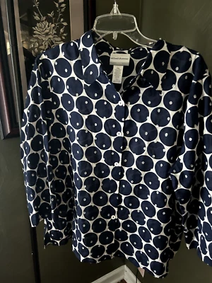Women's Petite Alfred Dunner Blue & White Geo Print Cotton Button Blouse Sz PXL - Image 1 of 4